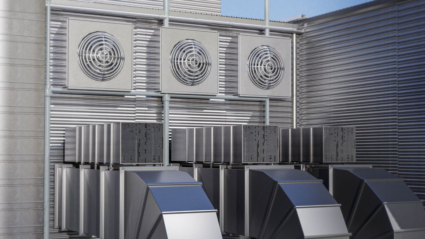 A row of packaged rooftop units on a commercial building.