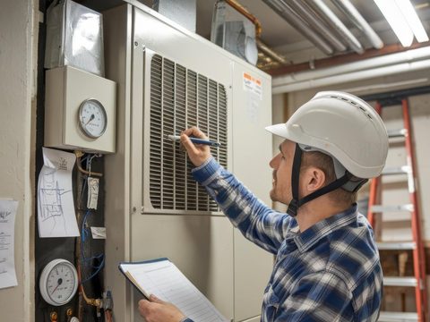 a technician working in an attic on a residential air conditioning system