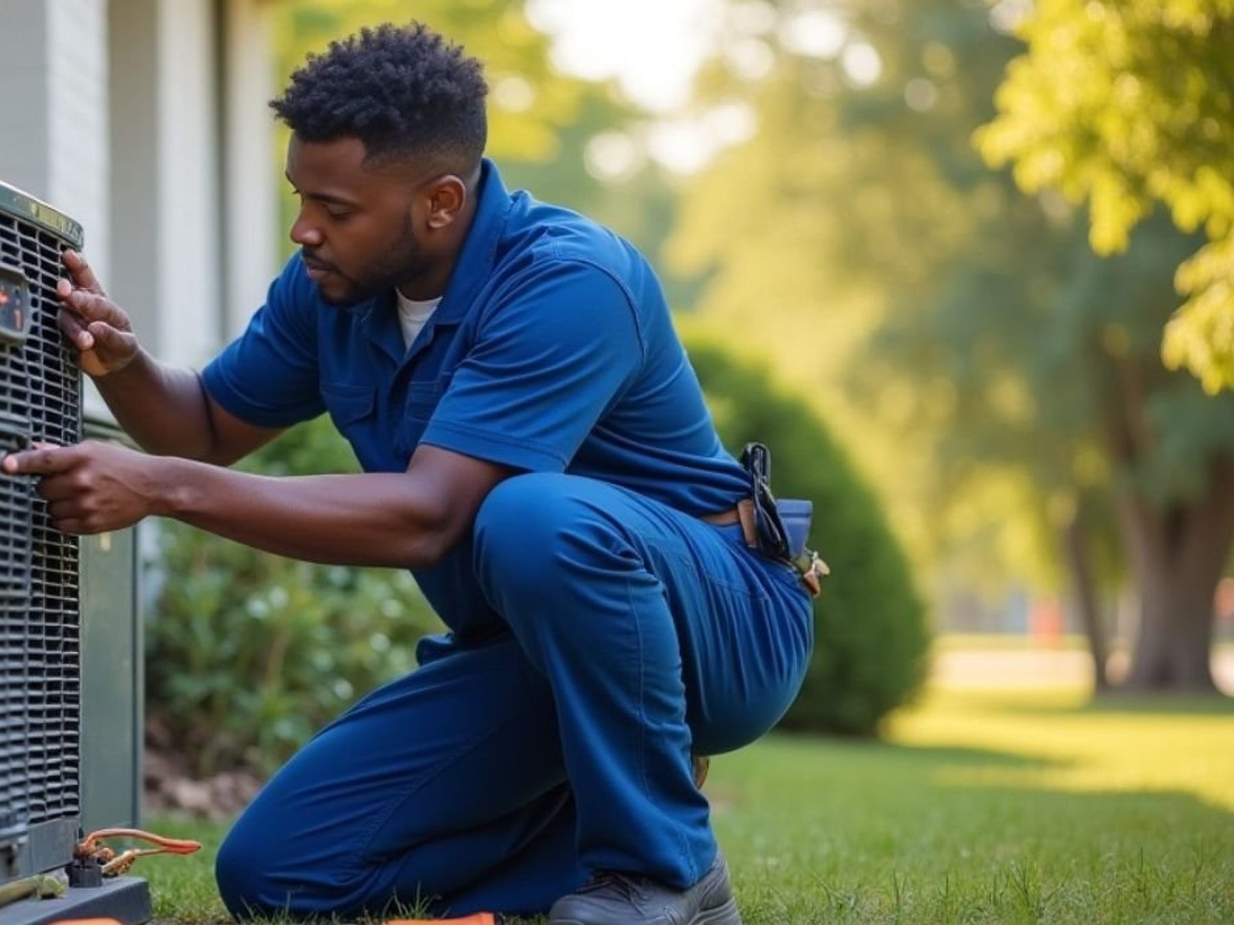 A technician repairing a commercial air conditioning rooftop unit.