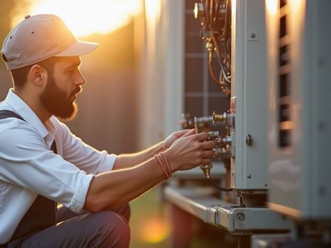 a technician servicing a heating system in a mechanical room